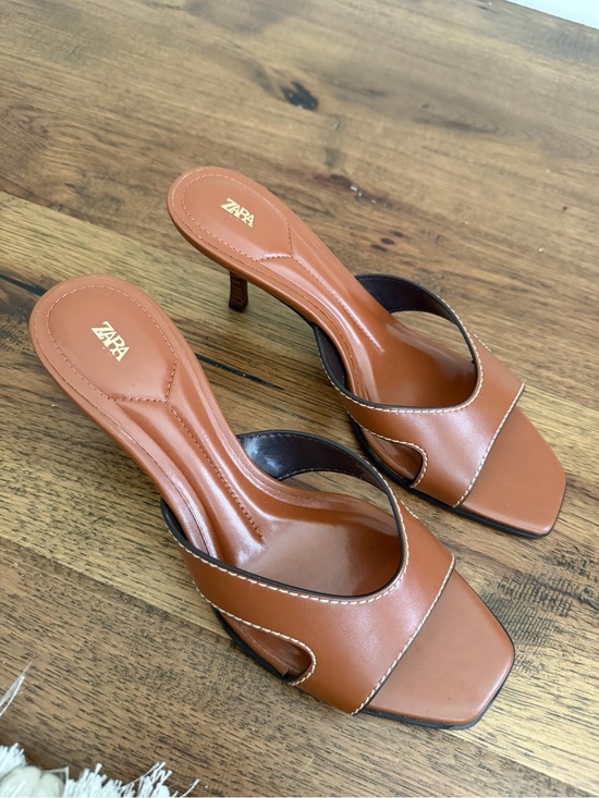 Zara Shoes - Zara Brown Leather Slide Heels — Open Square Toe Mules